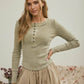 WASHED LONG SLEEVE RIBBED HENLEY KNIT TOP