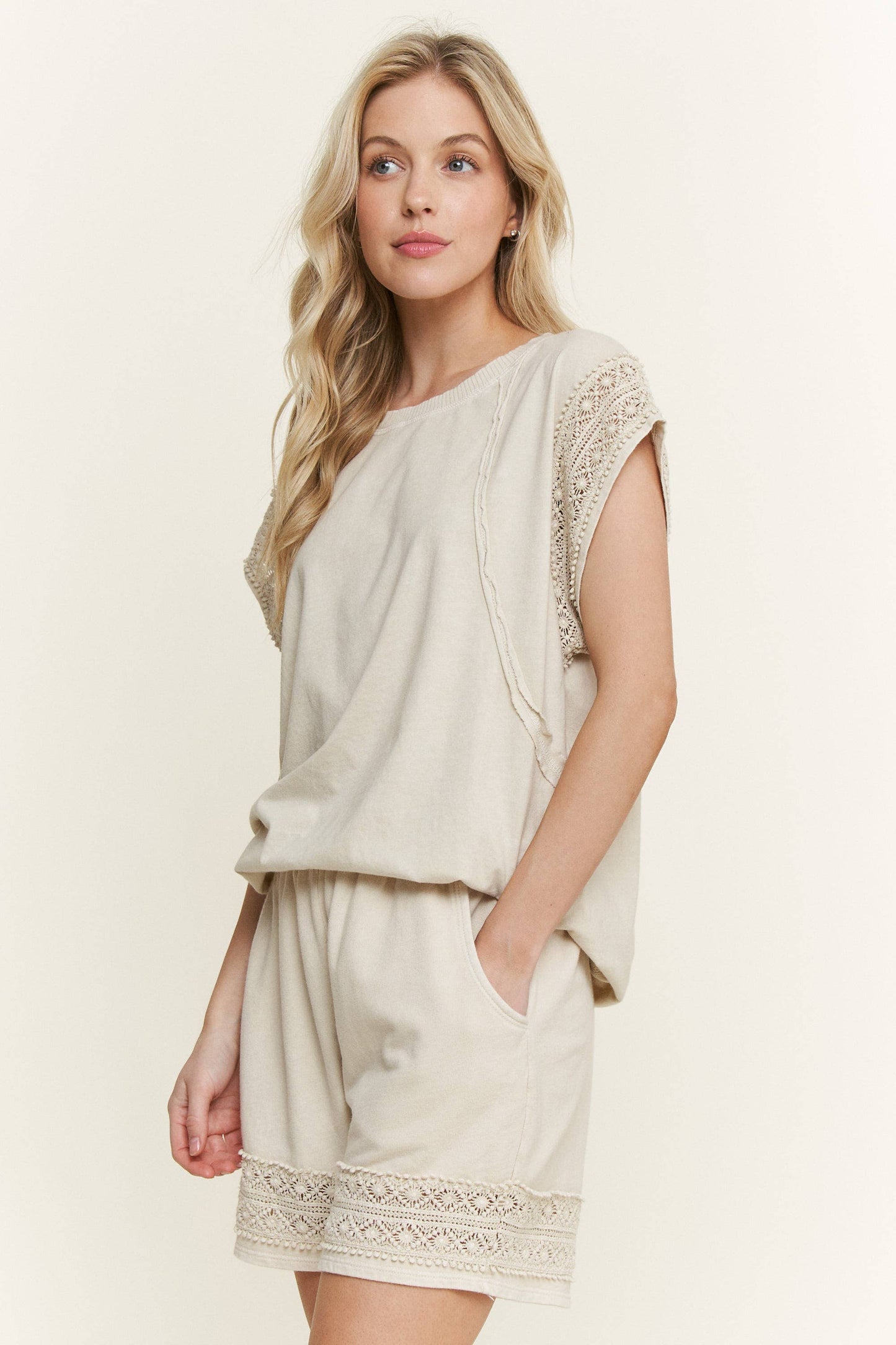 Mineral Washed Lace Trim Shorts