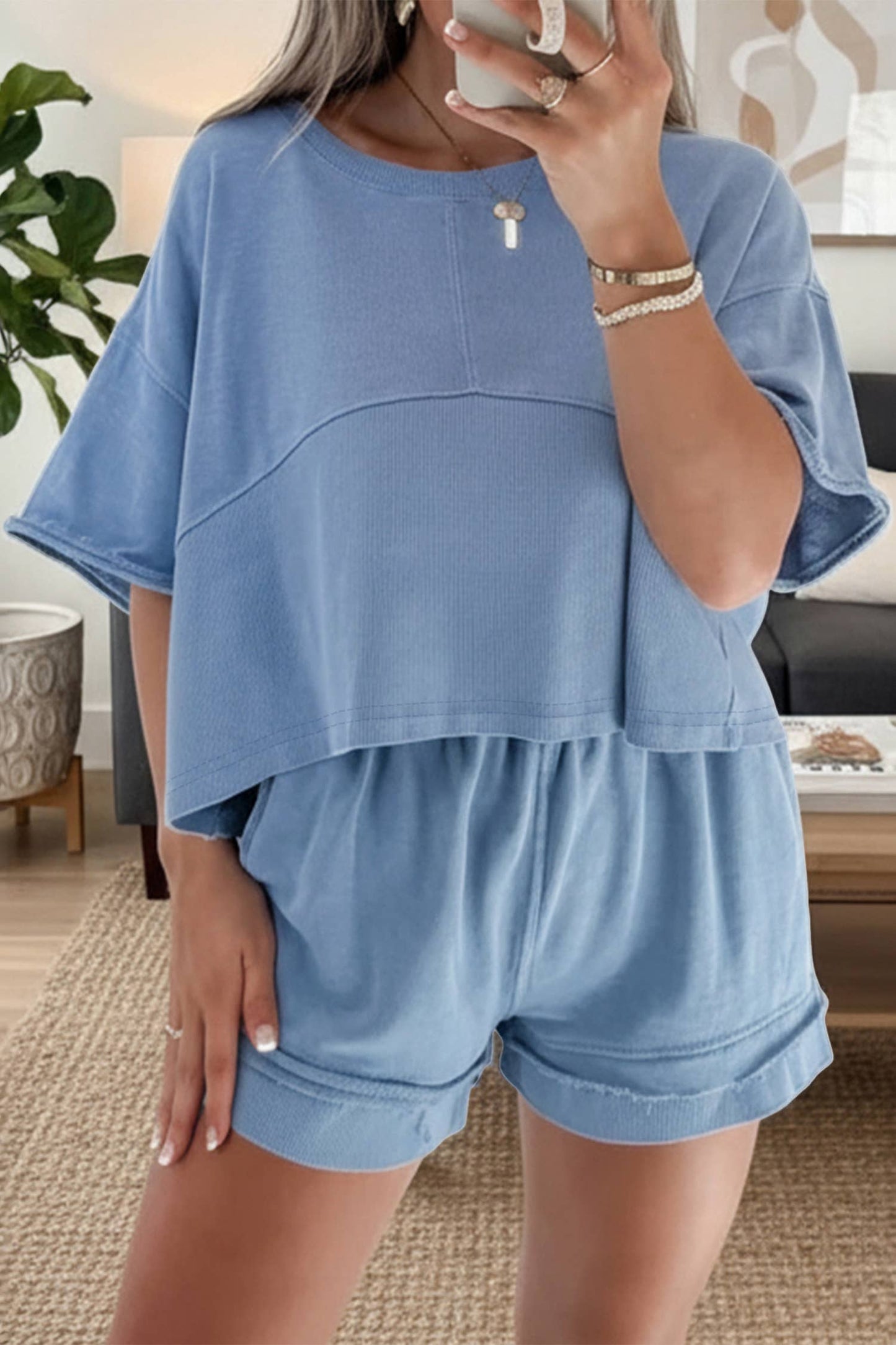 Textured Patchwork Raw Edge Short Set