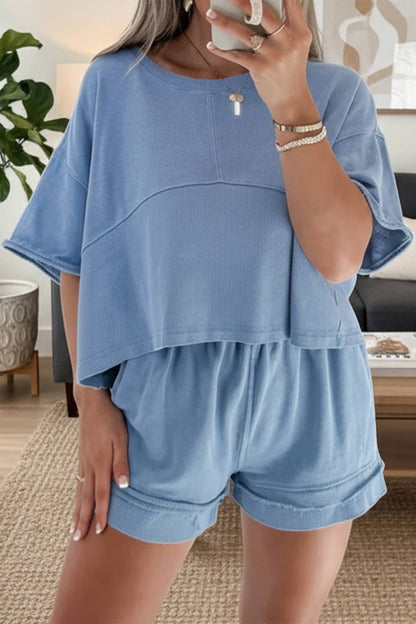 Textured Patchwork Raw Edge Short Set