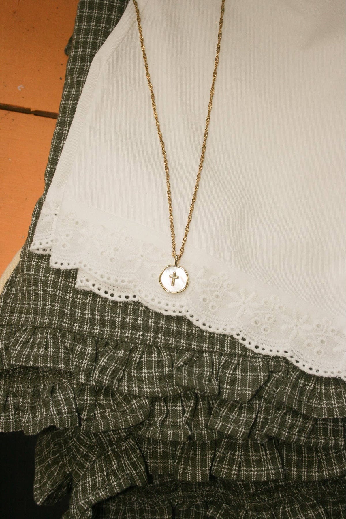 Haven White Coin Cross Necklace – Tarnish-Free 18" Dainty